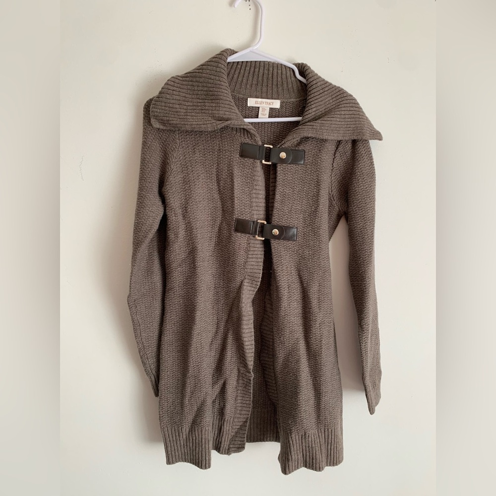 Ellen Tracy Taupe Cardigan with Buckle Detail